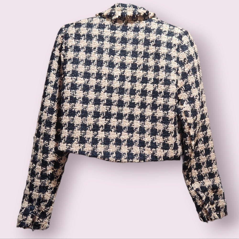 House of Harlow 1960 Houndstooth Double Breasted Tweed Cropped Blazer Fray Crop - Picture 2 of 5
